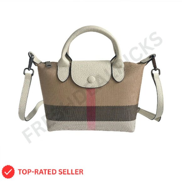 Vintage Leather Shoulder Bag Classic Plaid Tote Structured Elegant Crossbody